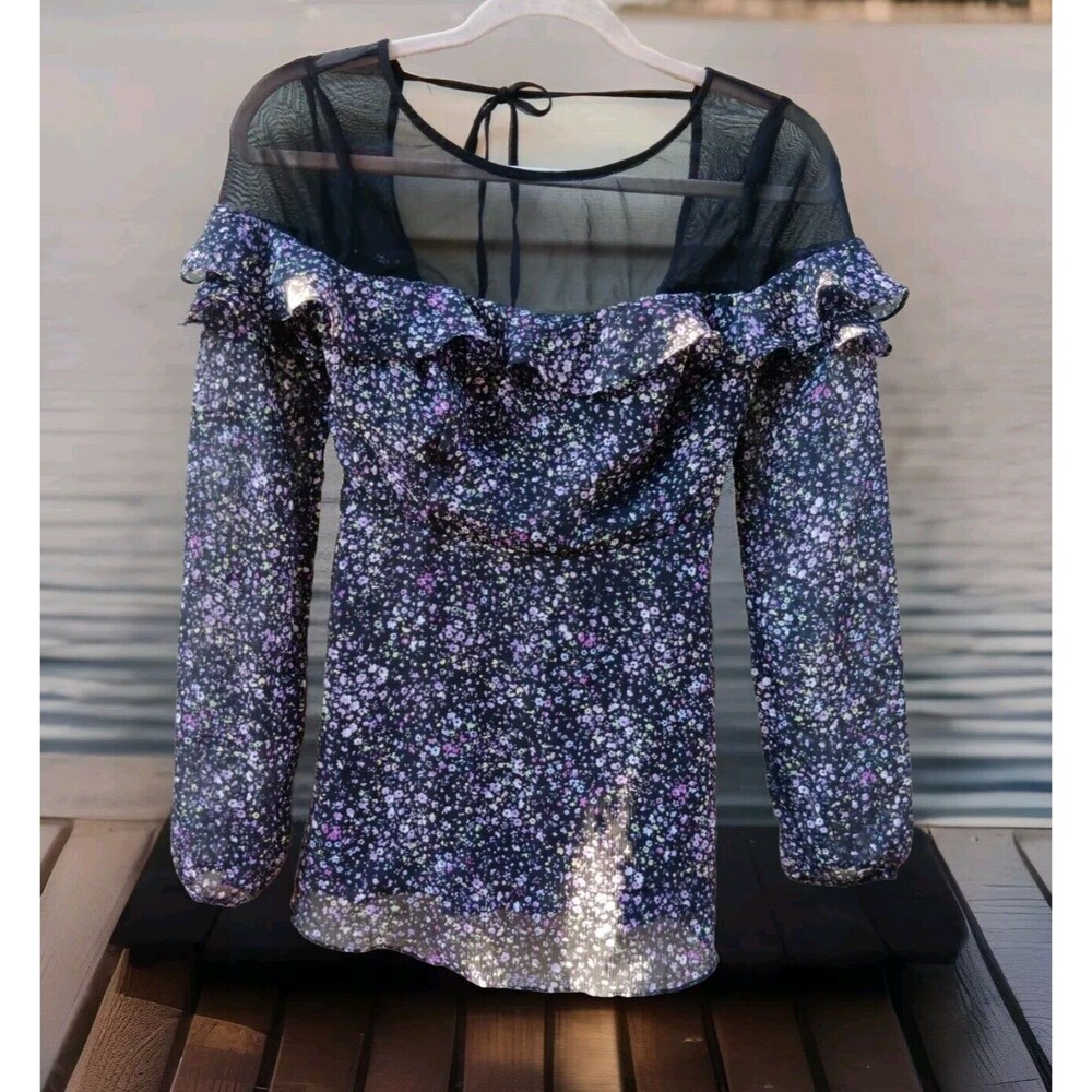 Free People Black Purple Floral Smocked Ruffle Sheer Tie Neck Top Blouse Size 2